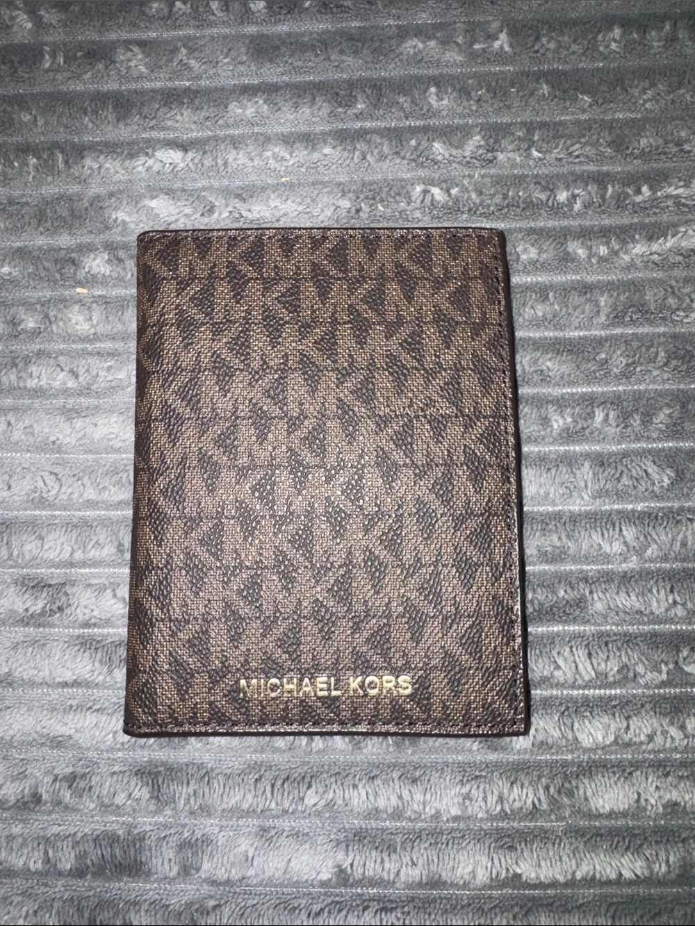 Michael Kors Brown MK Monogram Passport Cover with Gold Logo